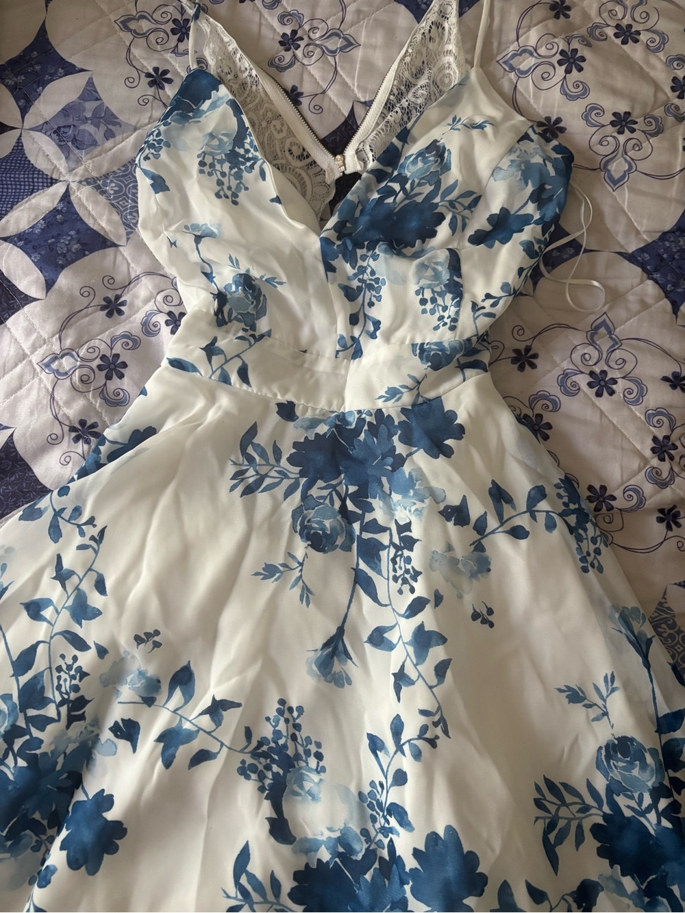 Lively White Dress with Blue Floral Print